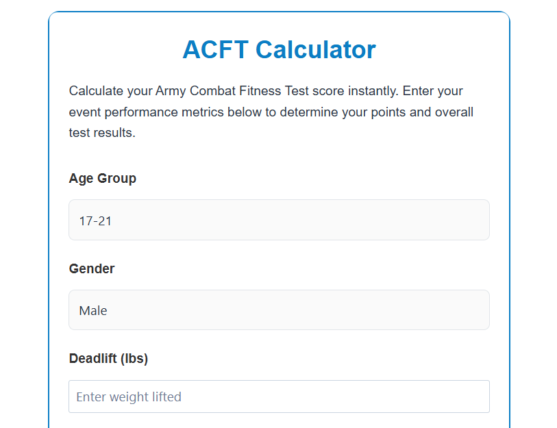 ACFT Calculator: Calculate Your Score & Pass/Fail Status Instantly acft Calculator